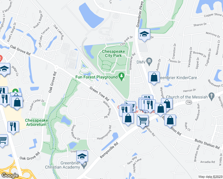map of restaurants, bars, coffee shops, grocery stores, and more near 608 Lacy Oak Drive in Chesapeake