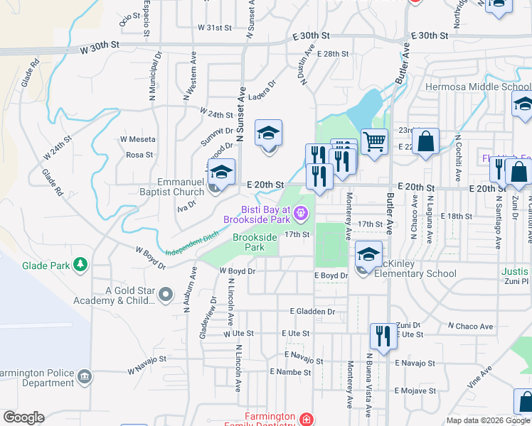 map of restaurants, bars, coffee shops, grocery stores, and more near 1804 Brookside Drive in Farmington