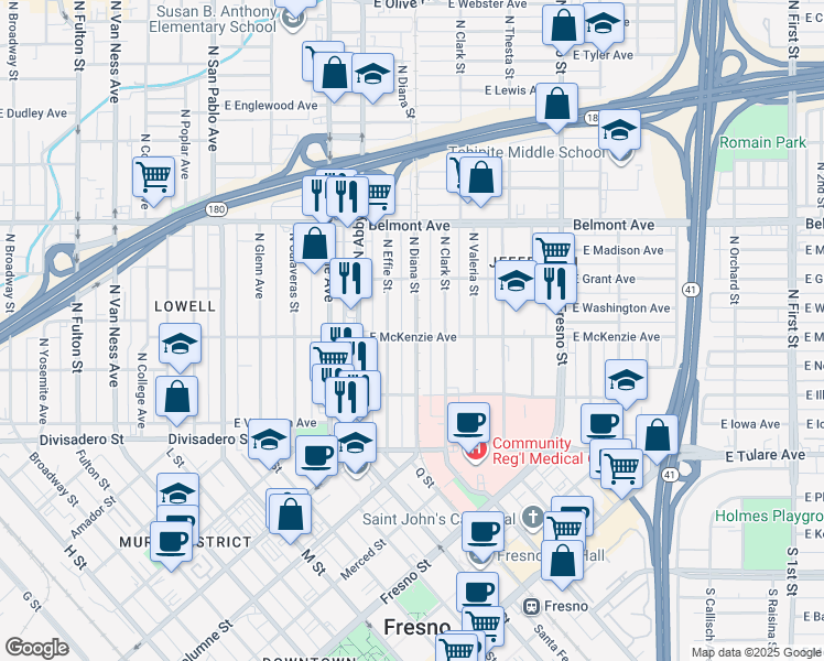 map of restaurants, bars, coffee shops, grocery stores, and more near 1951 East McKenzie Avenue in Fresno