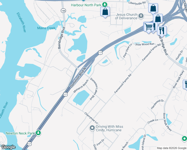 map of restaurants, bars, coffee shops, grocery stores, and more near 1405 Monarch Reach in Chesapeake