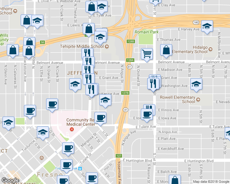 map of restaurants, bars, coffee shops, grocery stores, and more near 2809 East McKenzie Avenue in Fresno