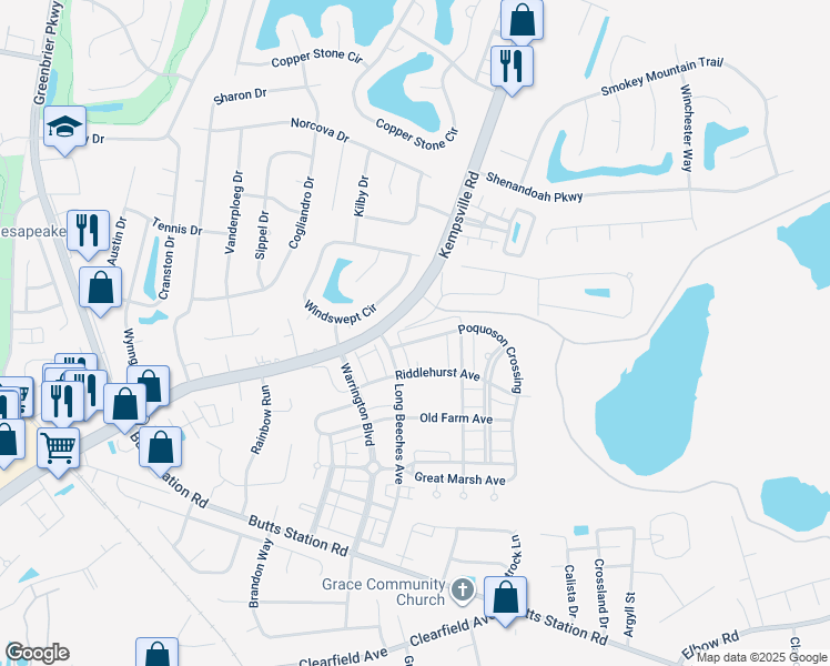 map of restaurants, bars, coffee shops, grocery stores, and more near 804 Poquoson Crossing in Chesapeake