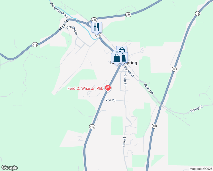 map of restaurants, bars, coffee shops, grocery stores, and more near 130 Woodland Drive in Reeds Spring