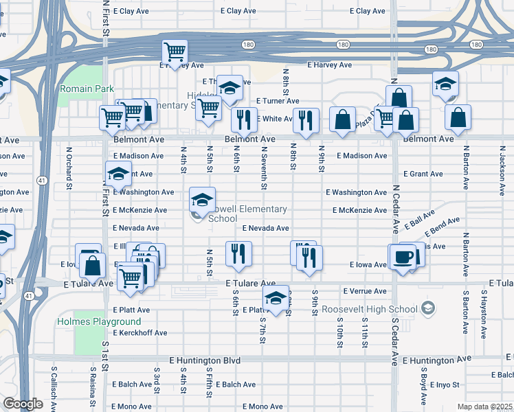 map of restaurants, bars, coffee shops, grocery stores, and more near 3665 East McKenzie Avenue in Fresno