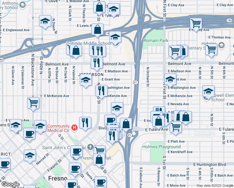 map of restaurants, bars, coffee shops, grocery stores, and more near 2635 East McKenzie Avenue in Fresno