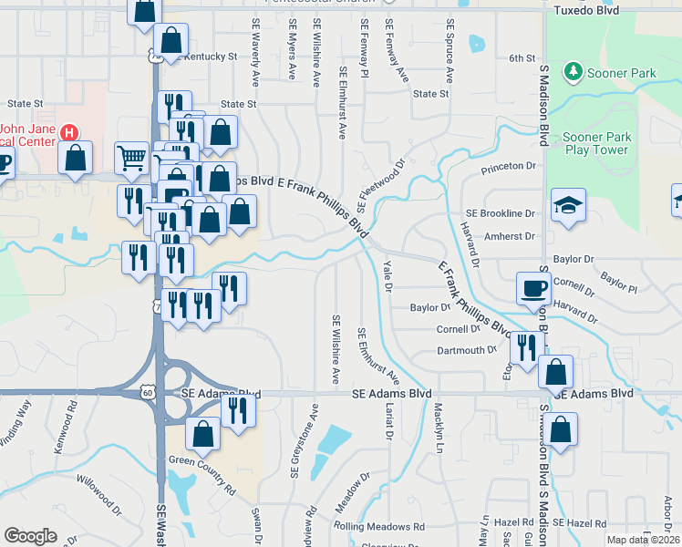 map of restaurants, bars, coffee shops, grocery stores, and more near 508 Southeast Wilshire Avenue in Bartlesville