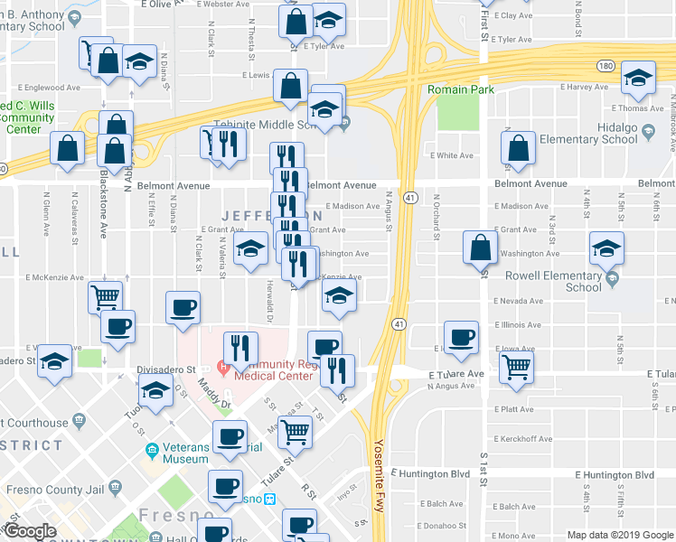 map of restaurants, bars, coffee shops, grocery stores, and more near 2635 East McKenzie Avenue in Fresno