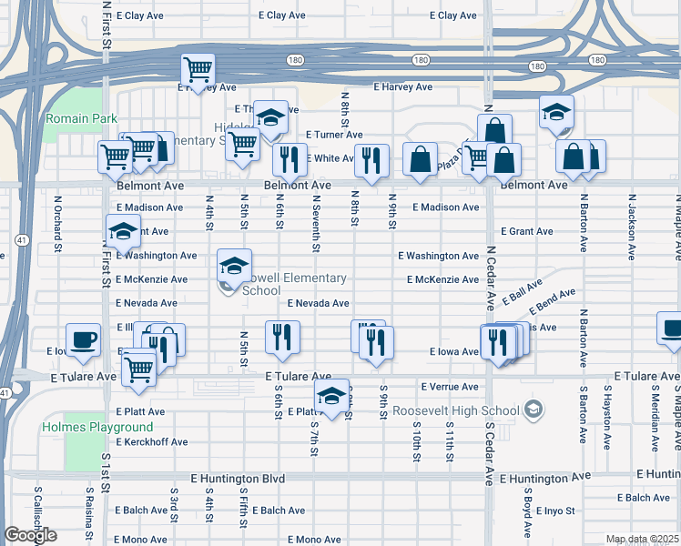 map of restaurants, bars, coffee shops, grocery stores, and more near 3747 East McKenzie Avenue in Fresno