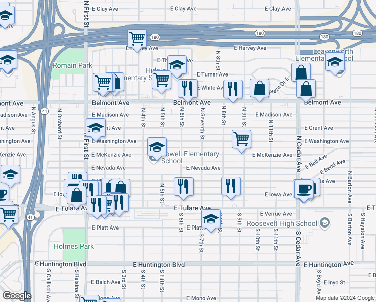map of restaurants, bars, coffee shops, grocery stores, and more near 3621 East McKenzie Avenue in Fresno