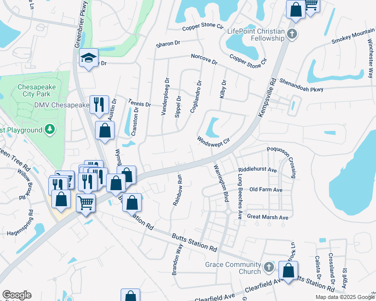 map of restaurants, bars, coffee shops, grocery stores, and more near 912 Grover Court in Chesapeake