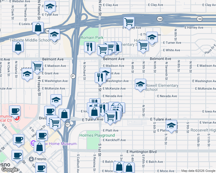 map of restaurants, bars, coffee shops, grocery stores, and more near 3115 East McKenzie Avenue in Fresno