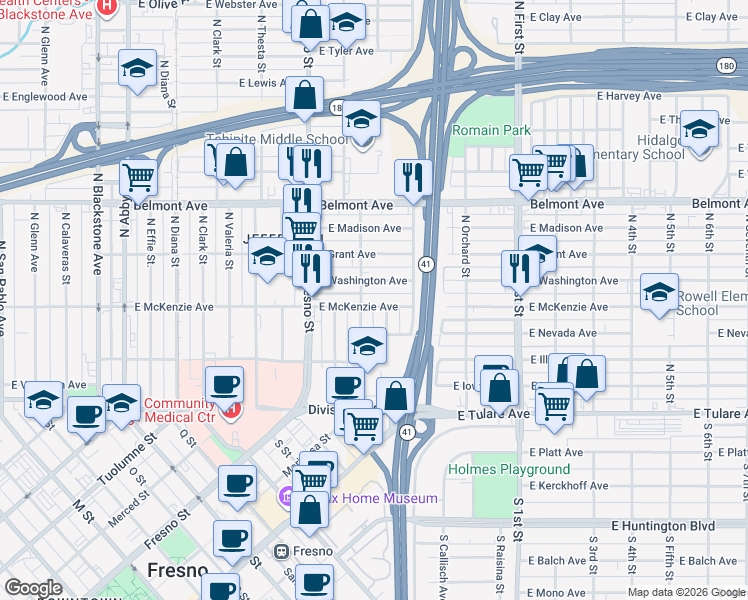 map of restaurants, bars, coffee shops, grocery stores, and more near 2809 East McKenzie Avenue in Fresno