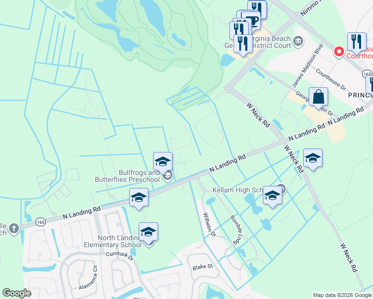 map of restaurants, bars, coffee shops, grocery stores, and more near 2396 Rod Pocceschi Way in Virginia Beach