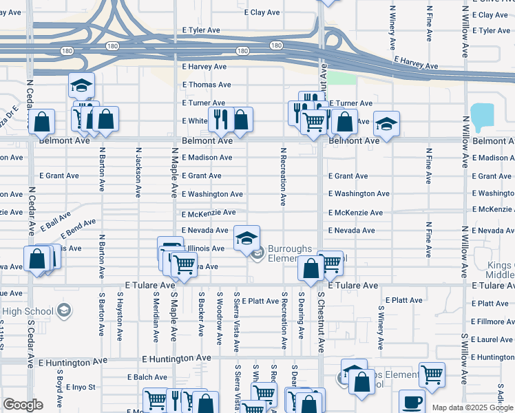 map of restaurants, bars, coffee shops, grocery stores, and more near 4711 East McKenzie Avenue in Fresno
