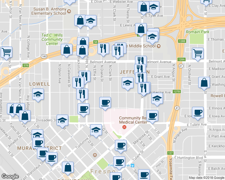 map of restaurants, bars, coffee shops, grocery stores, and more near 308 North Clark Street in Fresno