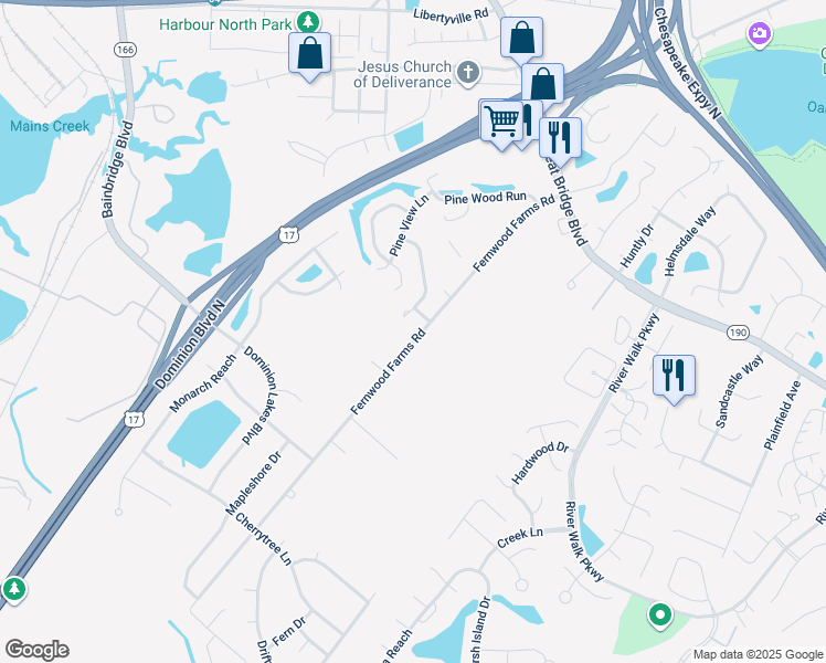 map of restaurants, bars, coffee shops, grocery stores, and more near 604 Fernwood Farms Road in Chesapeake