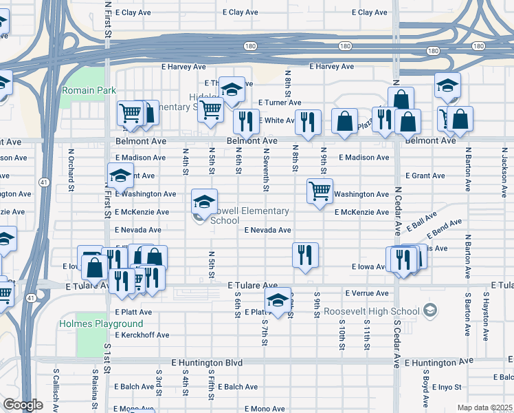 map of restaurants, bars, coffee shops, grocery stores, and more near 3665 East McKenzie Avenue in Fresno