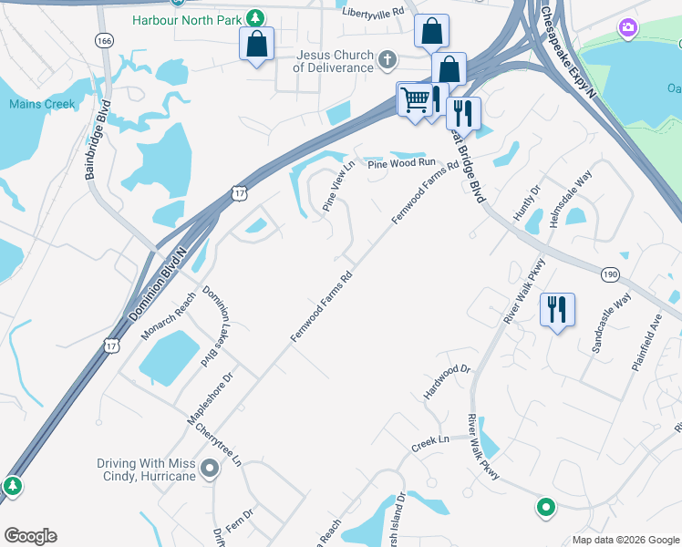 map of restaurants, bars, coffee shops, grocery stores, and more near 606 Fernwood Farms Road in Chesapeake