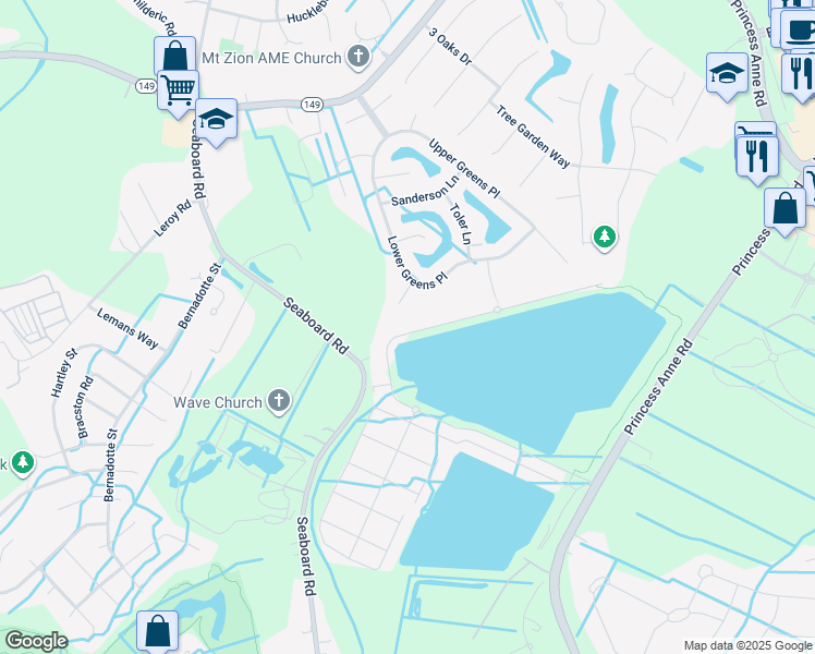 map of restaurants, bars, coffee shops, grocery stores, and more near 2305 Locksley Arch in Virginia Beach
