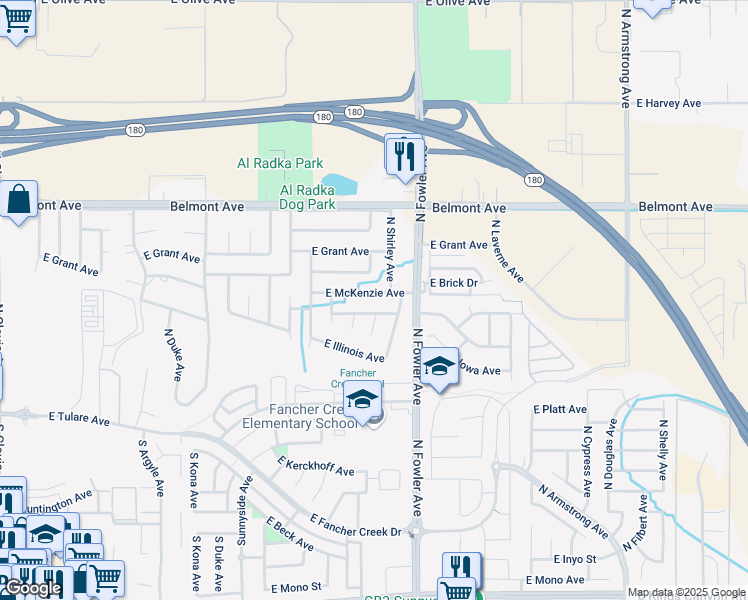 map of restaurants, bars, coffee shops, grocery stores, and more near 5974 East McKenzie Avenue in Fresno