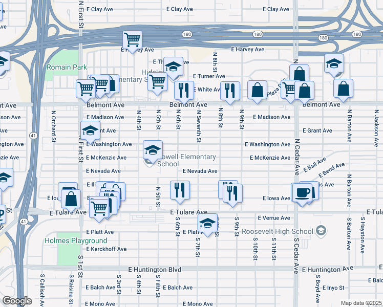 map of restaurants, bars, coffee shops, grocery stores, and more near 3665 East McKenzie Avenue in Fresno