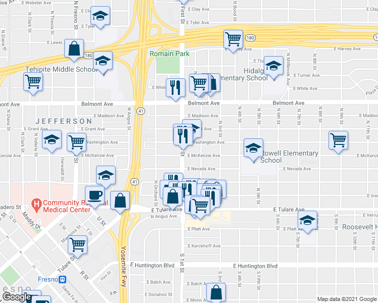 map of restaurants, bars, coffee shops, grocery stores, and more near 3115 East McKenzie Avenue in Fresno