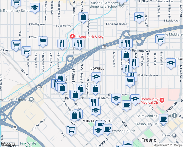 map of restaurants, bars, coffee shops, grocery stores, and more near 280 North College Avenue in Fresno