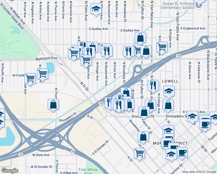 map of restaurants, bars, coffee shops, grocery stores, and more near 284 North Roosevelt Avenue in Fresno