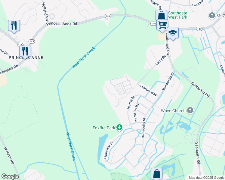 map of restaurants, bars, coffee shops, grocery stores, and more near Leroy Drive in Virginia Beach