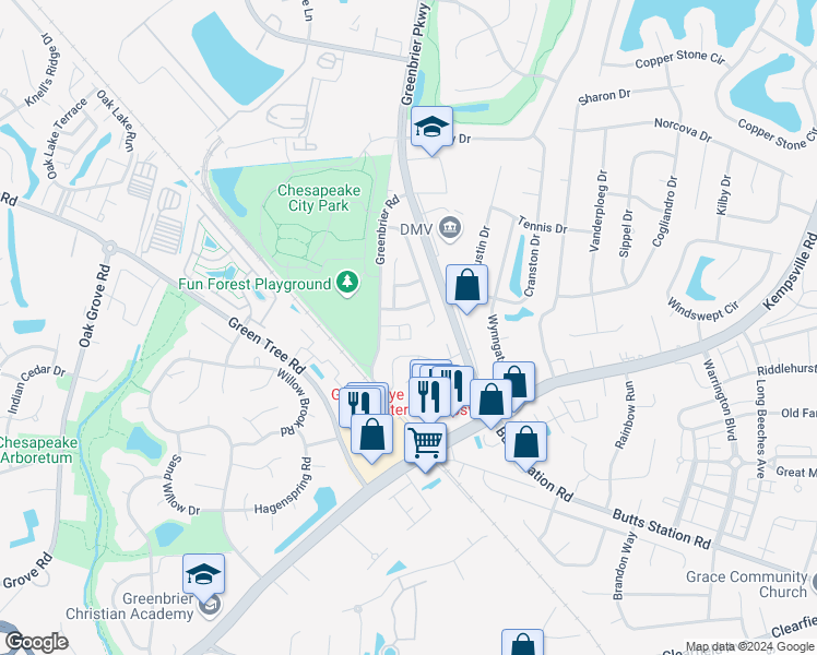 map of restaurants, bars, coffee shops, grocery stores, and more near 627 Windward Drive in Chesapeake