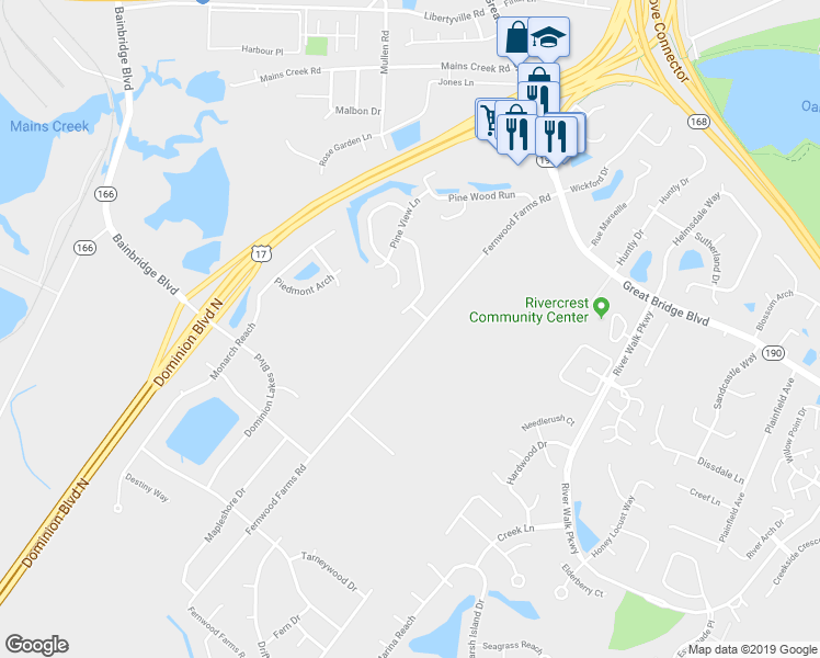 map of restaurants, bars, coffee shops, grocery stores, and more near 604 Fernwood Farms Road in Chesapeake