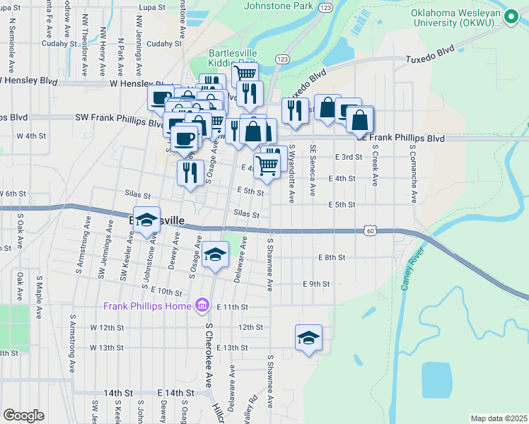 map of restaurants, bars, coffee shops, grocery stores, and more near 520 Silas Street in Bartlesville