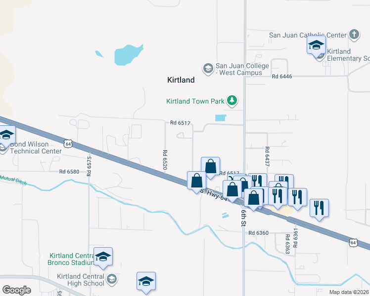 map of restaurants, bars, coffee shops, grocery stores, and more near 29 Road 6517 in Kirtland