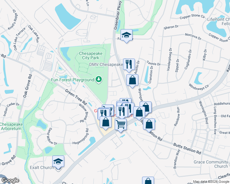 map of restaurants, bars, coffee shops, grocery stores, and more near 140 Springer Lane in Chesapeake