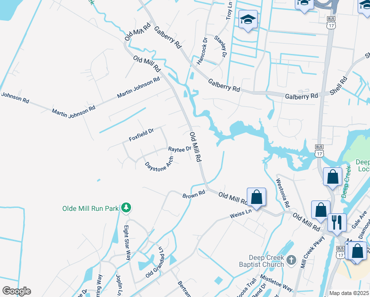 map of restaurants, bars, coffee shops, grocery stores, and more near 3408 Raytee Drive in Chesapeake