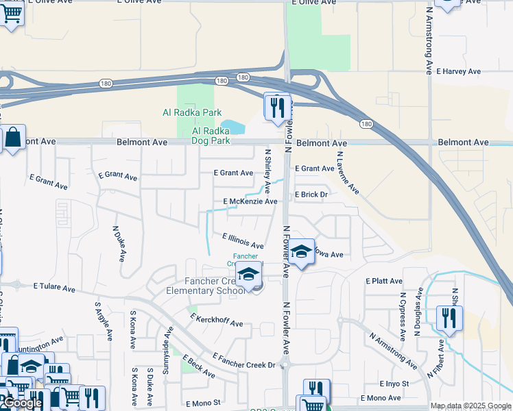 map of restaurants, bars, coffee shops, grocery stores, and more near 5974 East McKenzie Avenue in Fresno