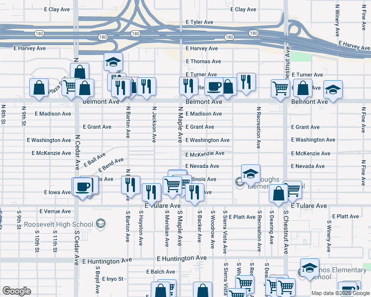 map of restaurants, bars, coffee shops, grocery stores, and more near 4609 East McKenzie Avenue in Fresno