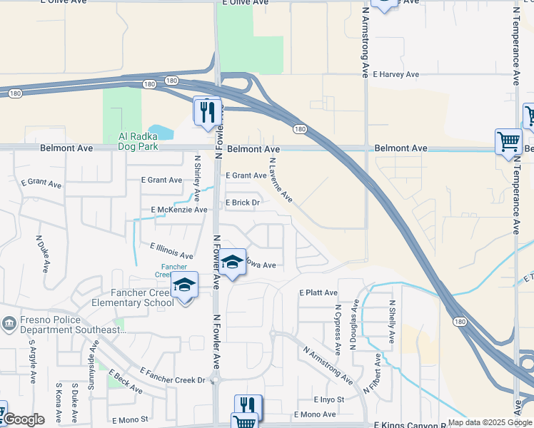 map of restaurants, bars, coffee shops, grocery stores, and more near 6185 East Peruna Way in Fresno