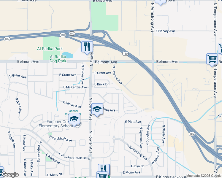 map of restaurants, bars, coffee shops, grocery stores, and more near 6179 East Peruna Way in Fresno