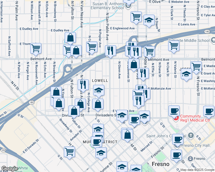 map of restaurants, bars, coffee shops, grocery stores, and more near 315 North San Pablo Avenue in Fresno