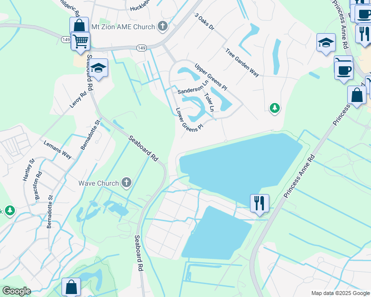map of restaurants, bars, coffee shops, grocery stores, and more near 2305 Locksley Arch in Virginia Beach