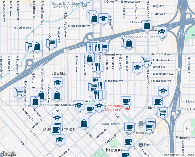 map of restaurants, bars, coffee shops, grocery stores, and more near 311 North Abby Street in Fresno