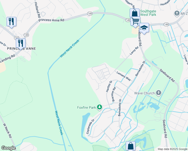 map of restaurants, bars, coffee shops, grocery stores, and more near 2667 Leroy Road in Virginia Beach