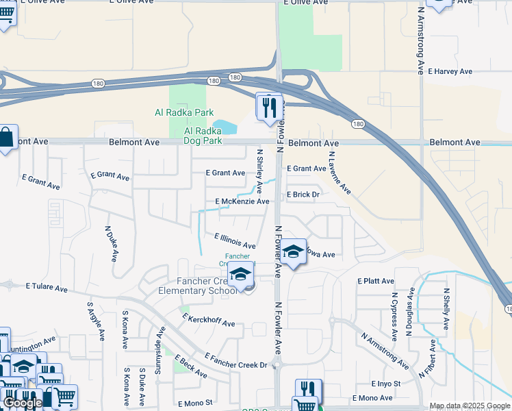 map of restaurants, bars, coffee shops, grocery stores, and more near 5974 East McKenzie Avenue in Fresno