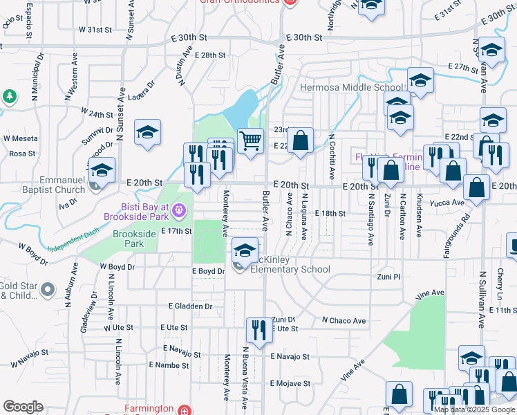 map of restaurants, bars, coffee shops, grocery stores, and more near 516 East 18th Street in Farmington