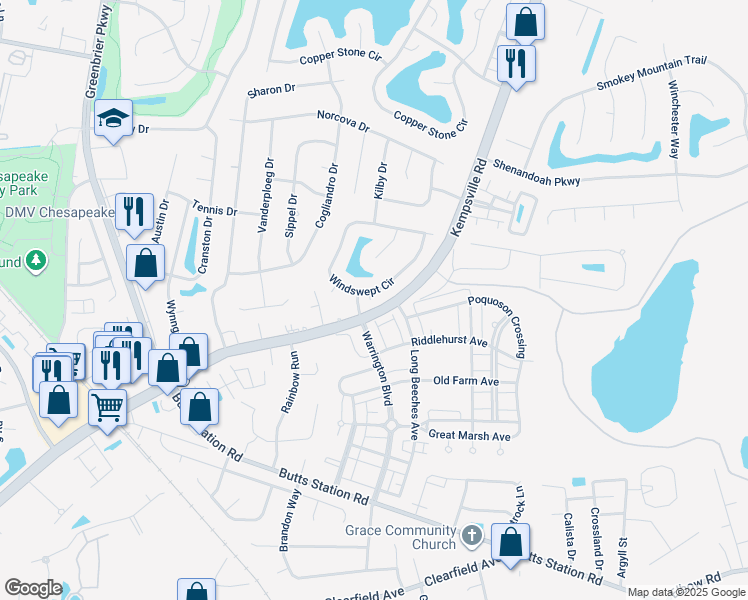 map of restaurants, bars, coffee shops, grocery stores, and more near 1244 Windswept Circle in Chesapeake