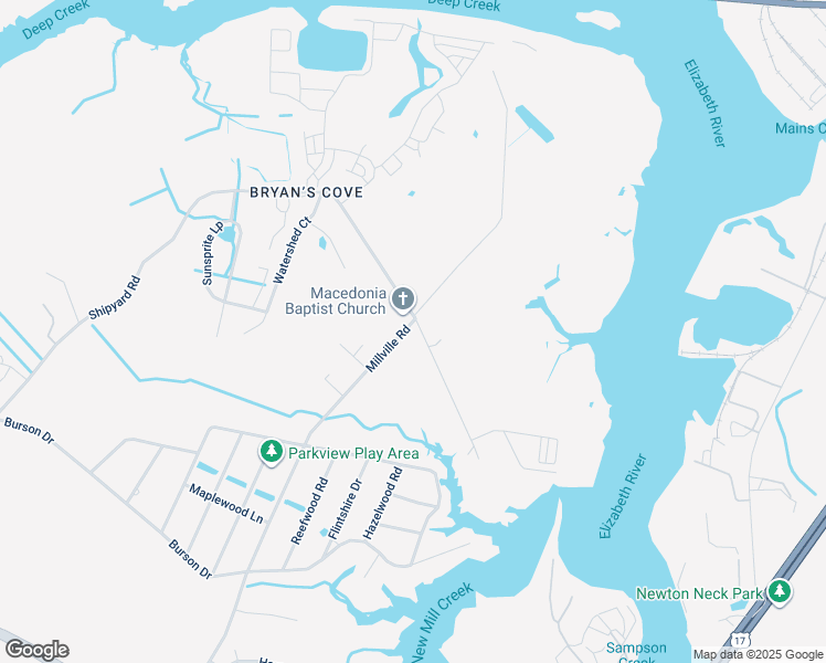 map of restaurants, bars, coffee shops, grocery stores, and more near 1801 Millville Road in Chesapeake