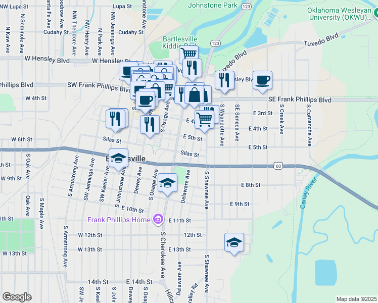 map of restaurants, bars, coffee shops, grocery stores, and more near 420 Silas Street in Bartlesville