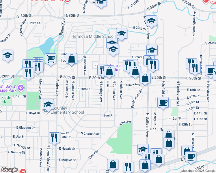 map of restaurants, bars, coffee shops, grocery stores, and more near 1400 East 18th Street in Farmington