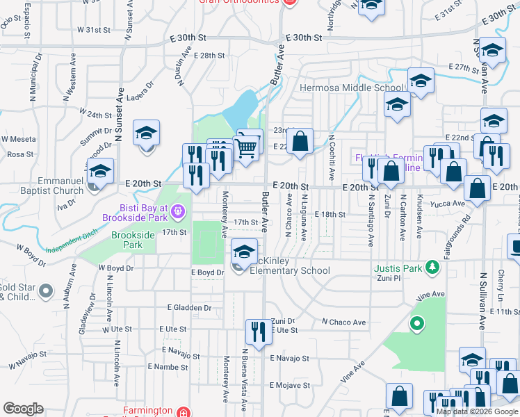 map of restaurants, bars, coffee shops, grocery stores, and more near 518 East 18th Street in Farmington